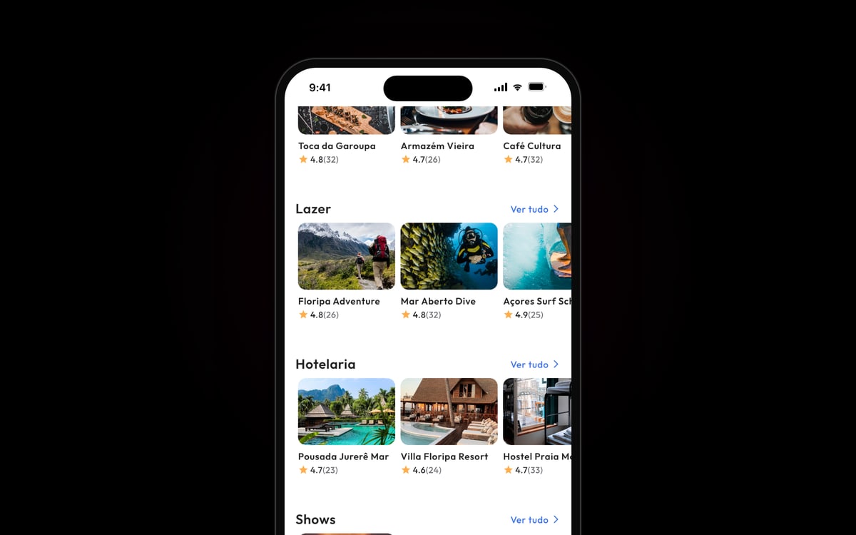 Tela inicial do app ALLTURISMO em um iPhone, com carrosséis de gastronomia, lazer e hotelaria em Florianópolis, cada estabelecimento com foto e avaliação